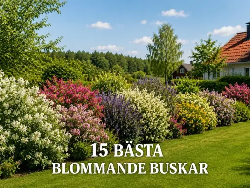 En vacker trädgård med en rad blomstrande buskar i olika färger, från vitt och rosa till lila och gult. En doftande buske bidrar till den lummiga och inbjudande atmosfären.