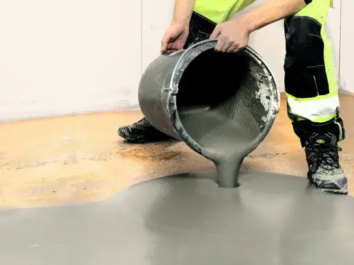 Person i varselkläder häller flytspackel på ett garagegolv för att jämna ut det.