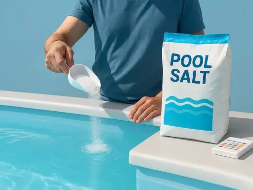 Man häller salt till poolen från en påse "POOL SALT". En liten testare ligger bredvid.
