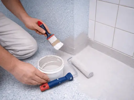 Måla plastmatta badrum med pensel och roller. En hink med färg står bredvid.