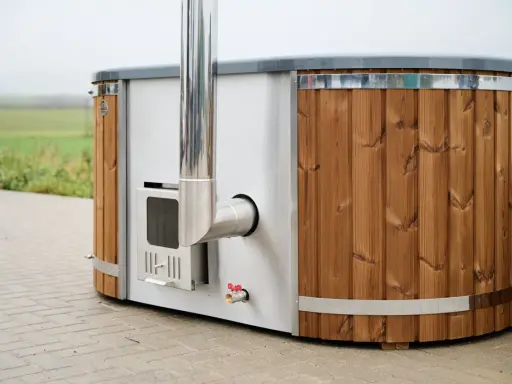 En badtunna hybrid med träpanel och metall, redo för ett avkopplande bad utomhus.