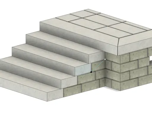 Illustration av hur man kan gjuta trappa med lecablock som stomme. Trappsteg i betong vilar på en mur av lecablock.