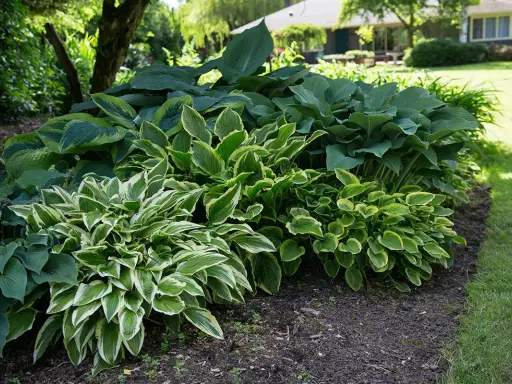 En rabatt med olika funkia sorter i en lummig trädgård. De mörkgröna bladen kontrasterar mot de brokiga sorterna med vita kanter.