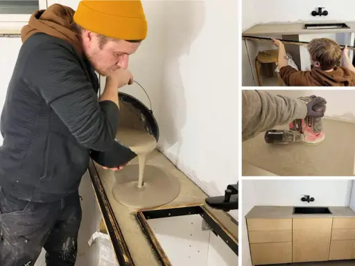 Man häller betong för att behandla betongskiva. Sedan slipas ytan och en färdig bänkskiva med skåp visas.