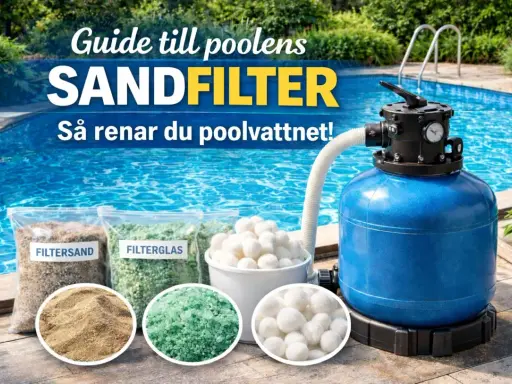 En blå sandfilterpump står bredvid en pool. Framför syns påsar med filtersand, filterglas och filterbollar.