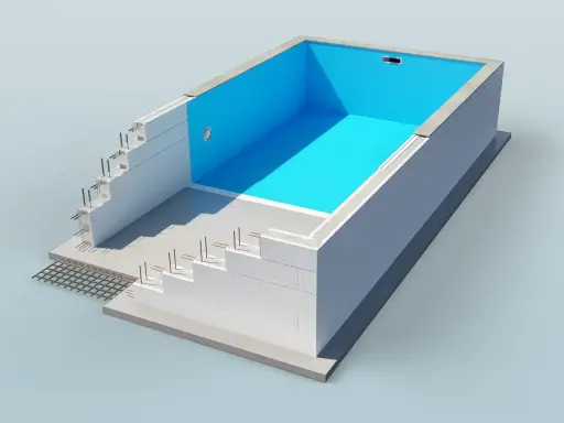 En illustration visar hur man kan bygga billig pool med isolerblock och armering. En blå liner täcker insidan.