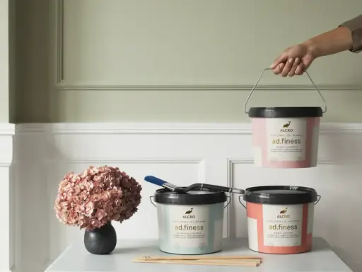 Färgglada burkar med Alcro ad.finess-färg står redo att hjälpa dig att designa rum. En pensel och en vacker hortensia kompletterar scenen.