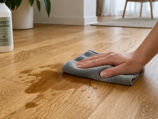 En hand torkar upp spill på ett parkettgolv med en trasa. Flaskan med parkettrengöring står bredvid.