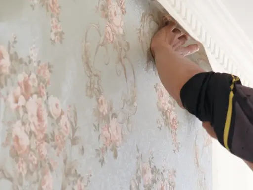 Händer som tapetserar med papperstapet med blomstermönster.