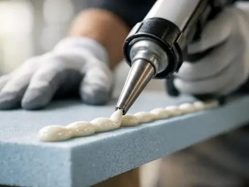 Handske-klädda händer använder en fogpistol för att måla cellplast med ett vitt tätningsmedel.