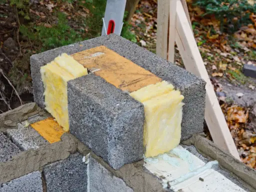 Isolering av lecablock med glasull. En bit trä ligger mellan blocken.