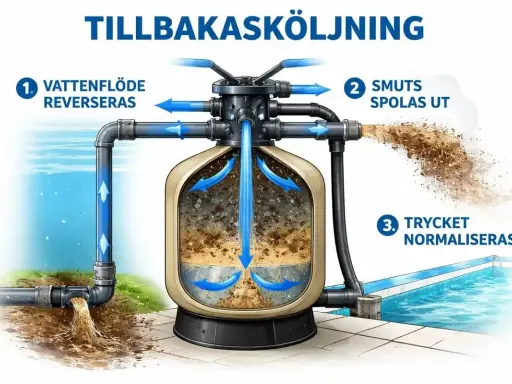 Illustration visar hur man byta sand i sandfilter. Vattenflödet reverseras, smuts spolas ut och trycket normaliseras.