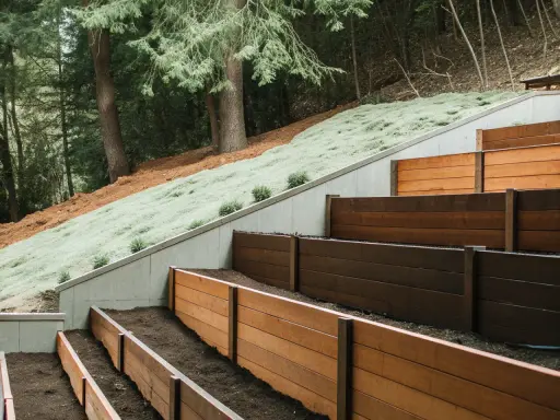 Terrasserade träplanteringslådor skapar en vacker altan nivåskillnad mot en sluttande, grönskande kulle och skog.