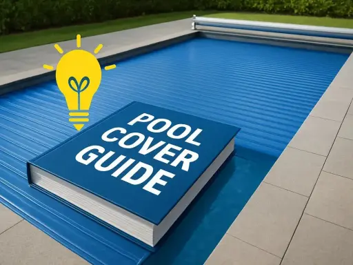 En bok om poolskydd ligger på en täckt rund pool. En glödlampa symboliserar en bra idé för din pooltrappa.