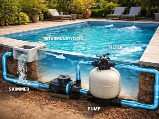 Schema för poolens cirkulationssystem: skimmer, pump, filter och returmunstycken. För rent vatten ska cirkulationspumpen gå hela tiden.