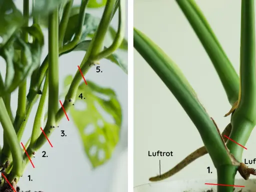 Steg för att plantera om monstera. Röda linjer visar var du ska klippa för att föröka din planta. Luftrot synlig.