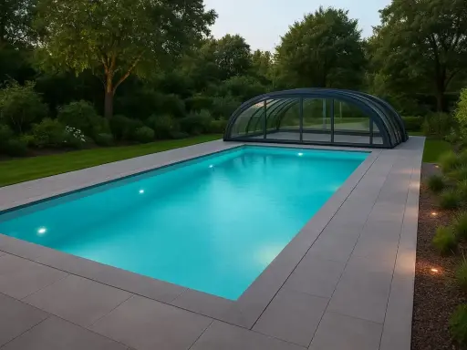 En modern pool med kupoltak, perfekt för pool inspiration i Sverige. Vackert belyst och omgiven av grönskande natur.