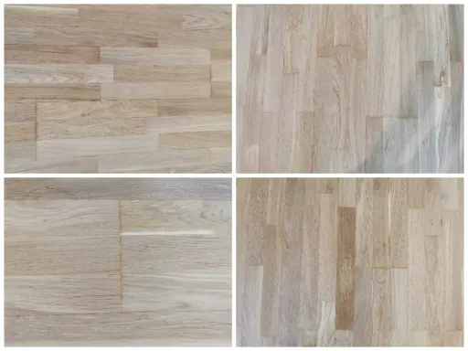 Fyra bilder visar ljusa parkettgolv i olika mönster, perfekta för att behandla slitet parkettgolv och ge nytt liv åt ditt hem.