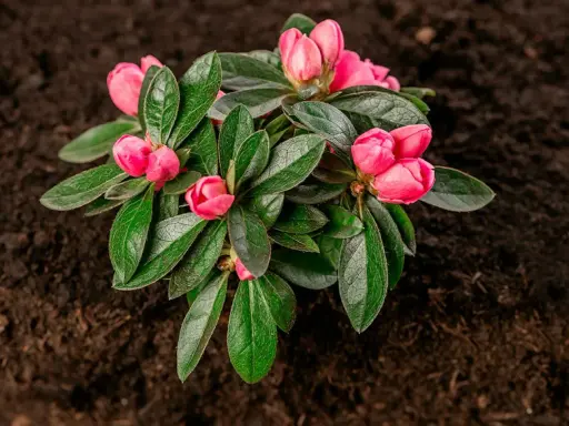 En vacker rosa rhododendron med knoppar redo att slå ut, väntar på att planteras i den mörka jorden.