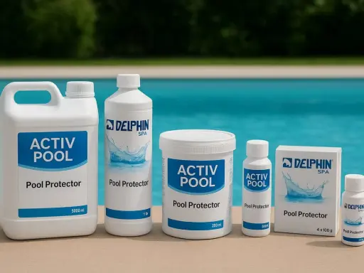 A row of Delphin Activ Pool Protector products, including bottles and a box, sit on a pool deck. The clear blue water of the pool is visible behind them, with a hint of green trees in the distance.