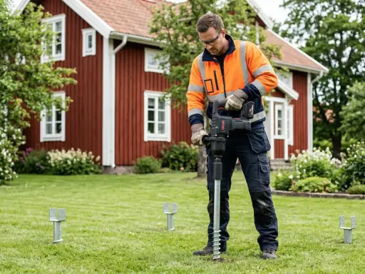 Man med orange jacka installerar skruvfundament för att **påla grund** till ett hus i trädgården.