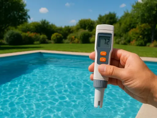 En hand håller en mätare vid en pool. Displayen visar "72", troligen en indikation på alkalinitet pool.