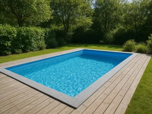 En inbjudande pool med blått vatten, omgiven av en träaltan och grönskande trädgård. Drömmen om att bygga egen pool blir verklighet.