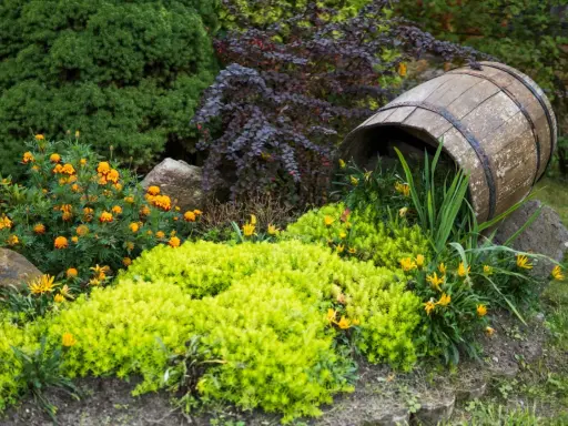 En gammal tunna vilar bland låga blommande buskar och gröna växter. Orange och gula blommor lyser upp trädgården.