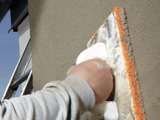En hand med en murslev som arbetar med att putsa med murbruk på en fasad. En stege och stupränna syns i bakgrunden.