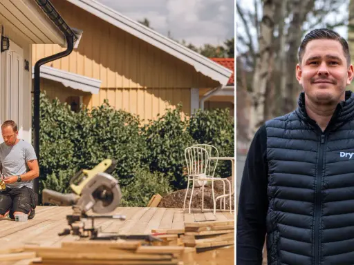 Man bygger altan. Verktyg och material ligger redo för altan konstruktion. I högra bilden en man i väst med Dryft-logga.