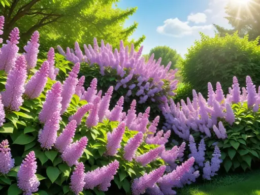 En lummig trädgård med massor av lila syrenblommor som sträcker sig mot en solig himmel. Perfekt för att plantera syren.
