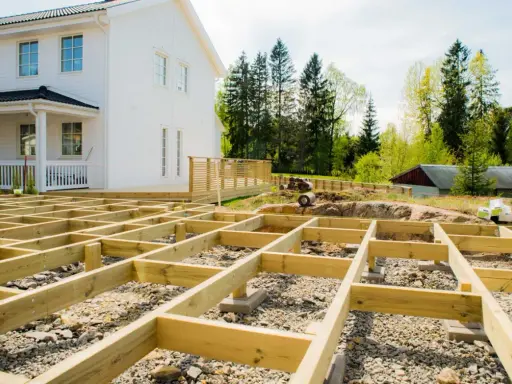 Grundarbete för att bygga altan på mark. Träkonstruktion på grus och sten framför ett vitt hus.