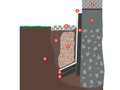 Illustration visar hur man isolerar grund ovan mark med dräneringsskikt och skyddande material.