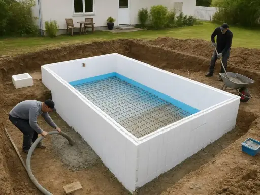 Byggnation av en pool med betongstomme. En person pumpar betong medan en annan fyller skottkärra.