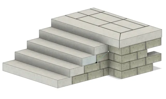 Illustration av hur man kan gjuta trappa med lecablock som stomme. Trappsteg i betong vilar på en mur av lecablock.