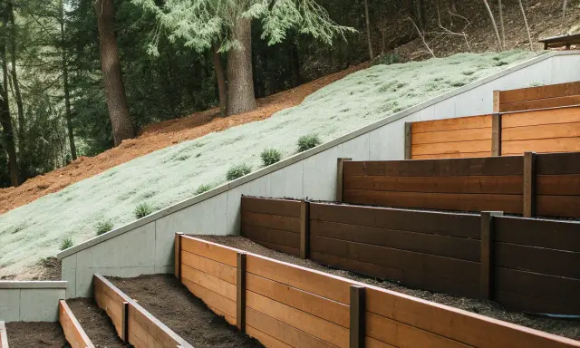 Terrasserade träplanteringslådor skapar en vacker altan nivåskillnad mot en sluttande, grönskande kulle och skog.