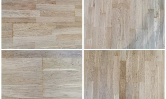 Fyra bilder visar ljusa parkettgolv i olika mönster, perfekta för att behandla slitet parkettgolv och ge nytt liv åt ditt hem.