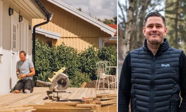 Man bygger altan. Verktyg och material ligger redo för altan konstruktion. I högra bilden en man i väst med Dryft-logga.