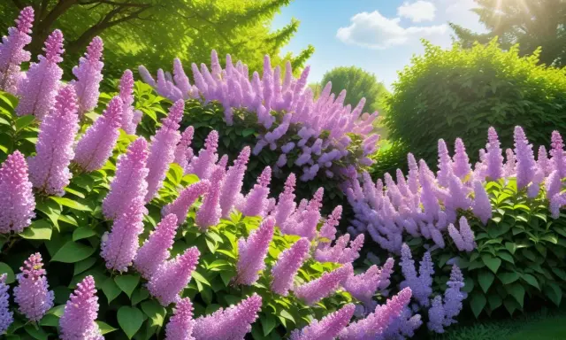 En lummig trädgård med massor av lila syrenblommor som sträcker sig mot en solig himmel. Perfekt för att plantera syren.