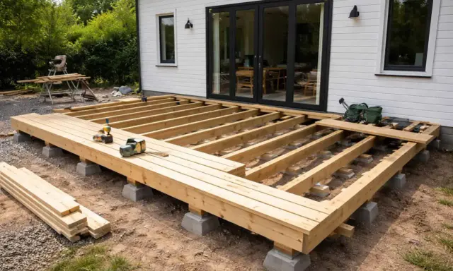 Byggnation av altan med jämnt avstånd mellan trallbrädorna. Verktyg och material ligger redo.
