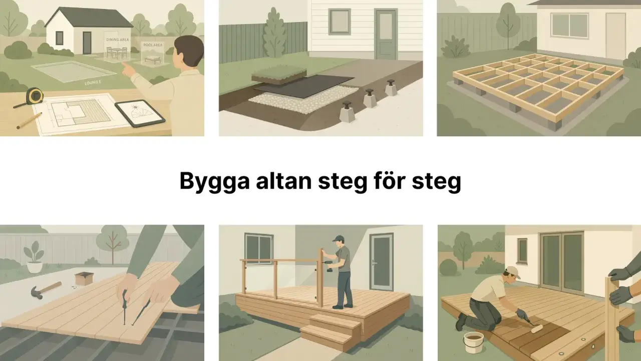 Steg-för-steg-guide för att bygga altan: planering, grundläggning, stomme, trall, räcke och ytbehandling.