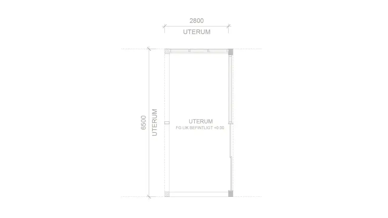 Ritning av ett uterum med m&aring;tten 6500x2800 mm. Taklutning och golvniv&aring; anges.