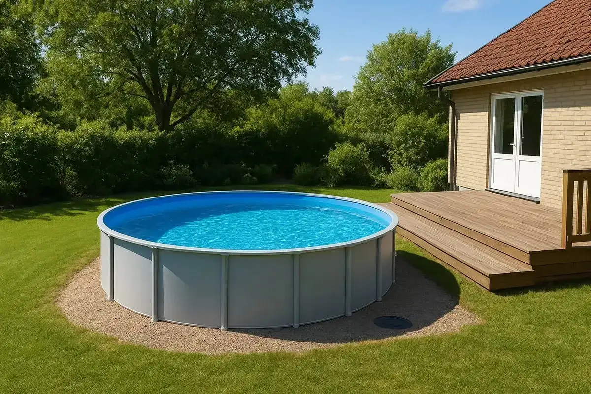 En rund ovanmarkspool med bl&aring;tt vatten st&aring;r p&aring; gr&auml;smattan bredvid ett tr&auml;d&auml;ck och ett hus. Ett perfekt s&auml;tt att bygga billig pool f&ouml;r sommaren.