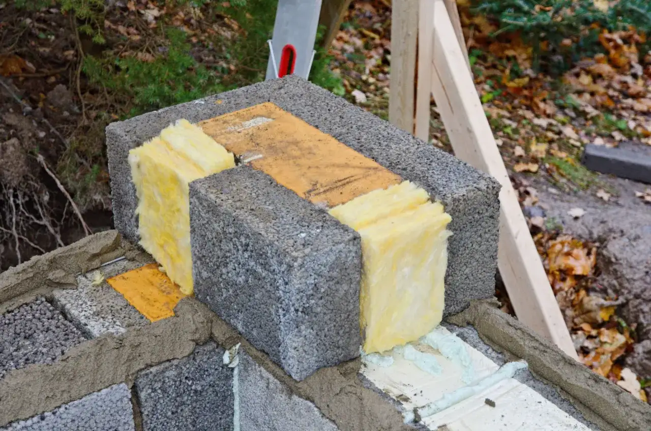 Isolering av lecablock med glasull. Man kan se att det &auml;r en byggarbetsplats d&auml;r man h&aring;ller p&aring; att s&aring;ga lecablock f&ouml;r att passa in isoleringen.