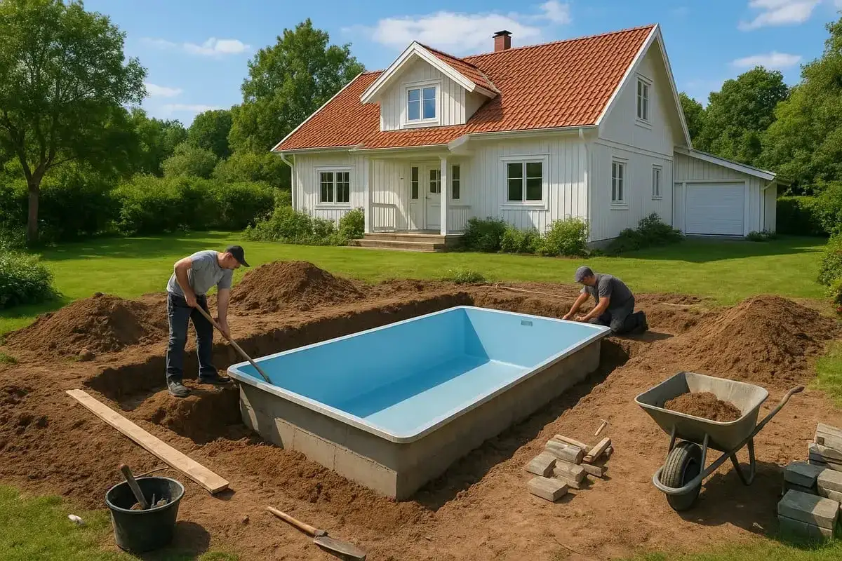 Byggnation av pool i Sverige. Två män arbetar med att gräva och förbereda för en ny pool framför ett vitt hus.