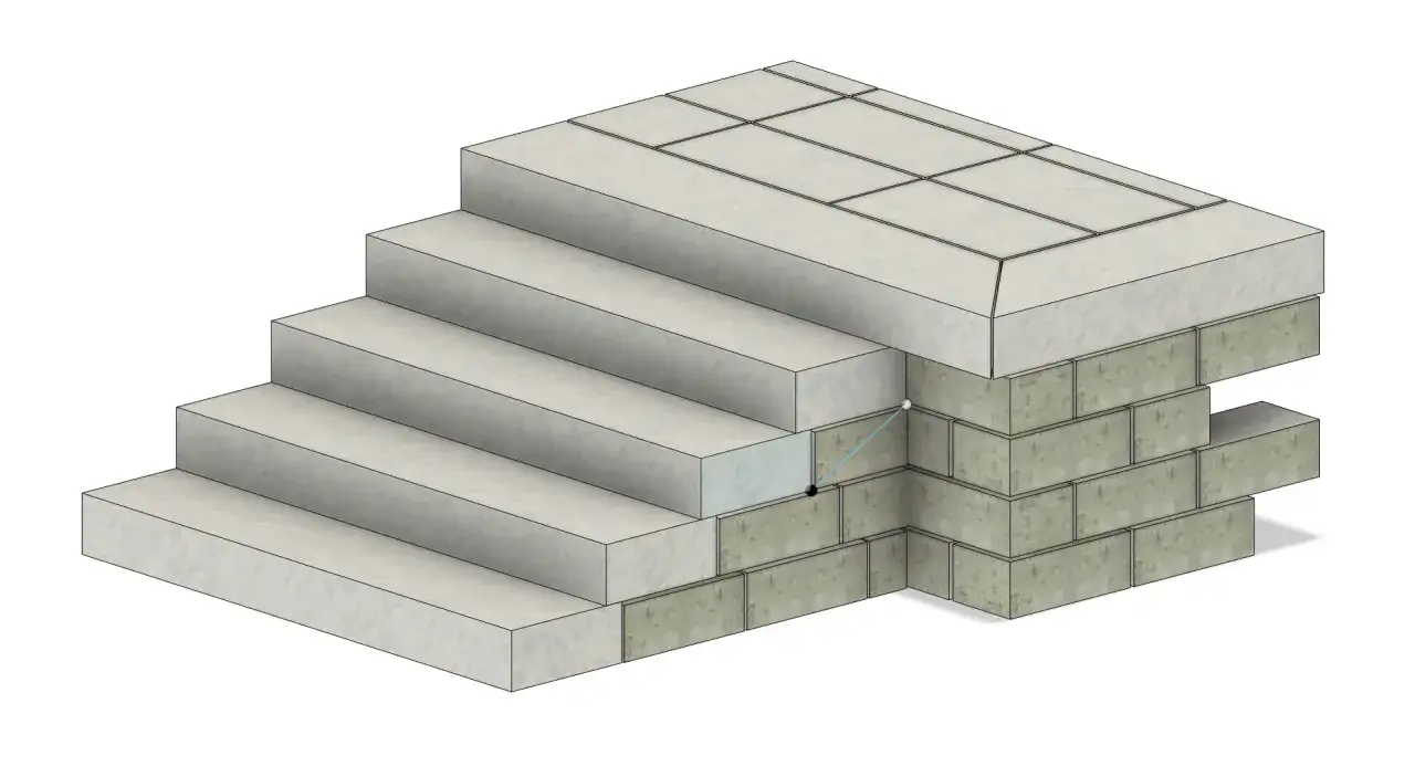 Illustration av en trappa som byggs med lecablock som grund. Stegen är gjutna och täckta med stenplattor.