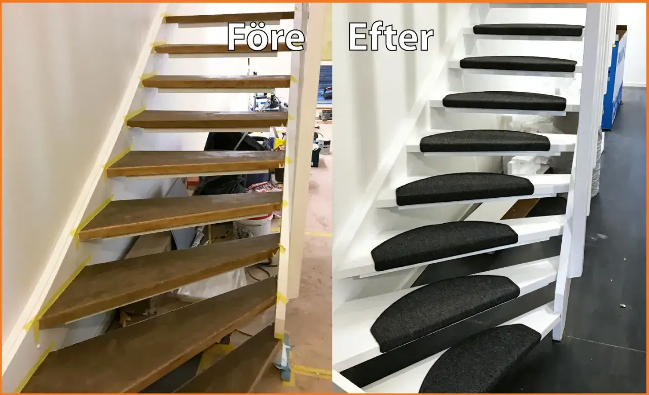 F&ouml;re och efter renovera trappa. Tr&auml;steget har f&aring;tt en vitm&aring;lad trappnos och svarta trappstegsmattor.