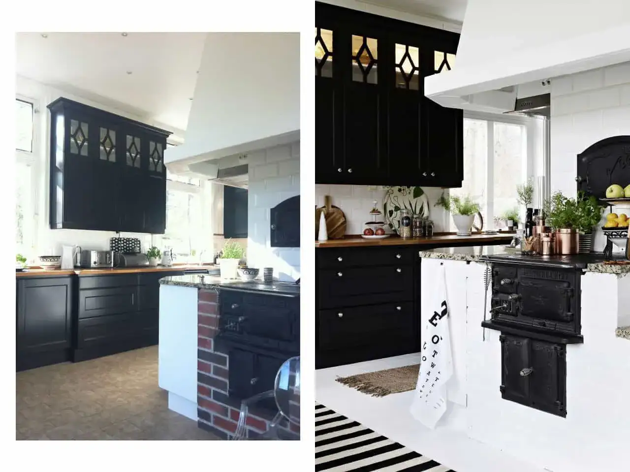 Svart k&ouml;k med tr&auml;b&auml;nkskiva och en gammaldags vedspis. Klinkergolvet &auml;r m&aring;lat vitt f&ouml;r en ljusare k&auml;nsla.