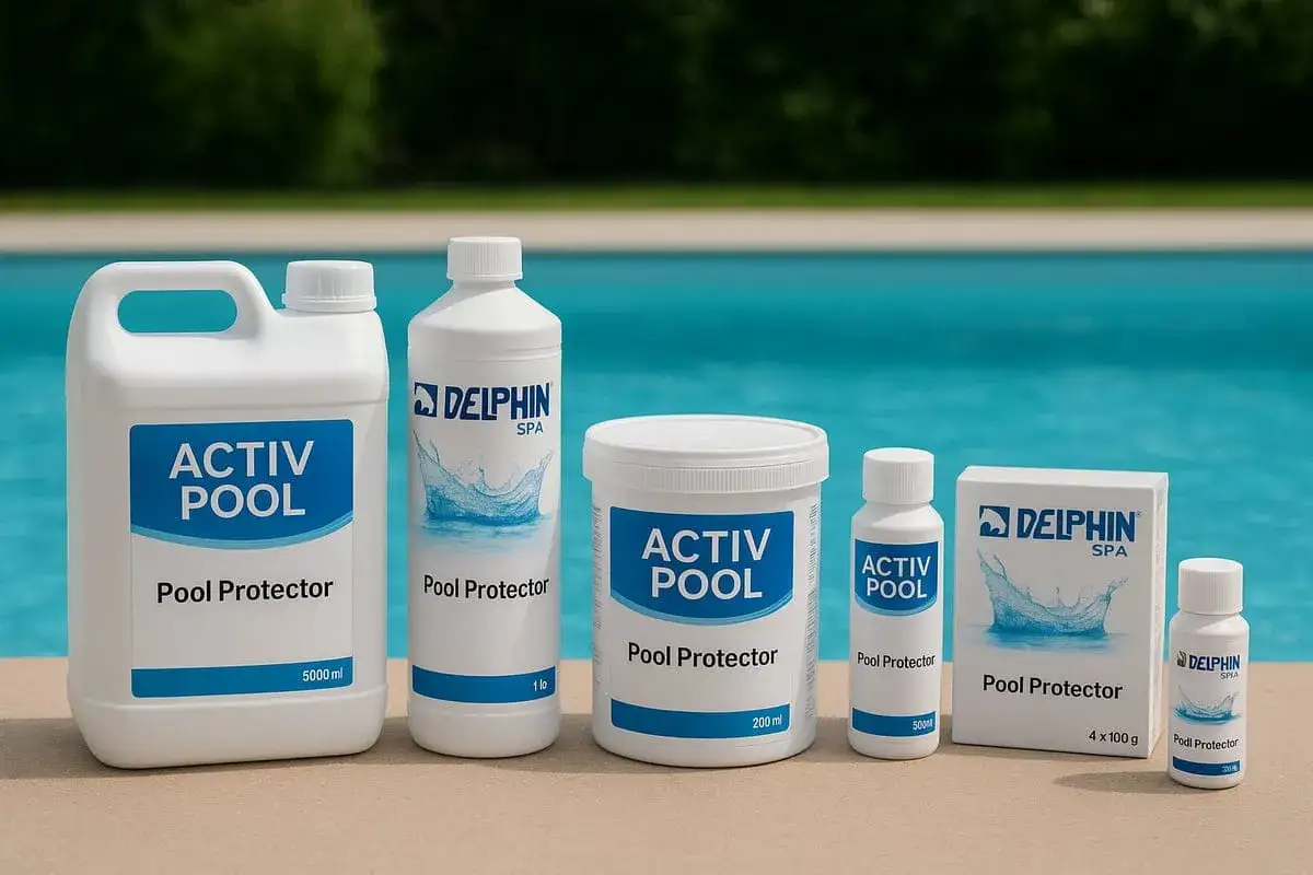 A row of Delphin Activ Pool Protector products, including bottles and a box, stand on a pool deck. The clear blue water of the pool, with a hint of skum, is visible in the background.