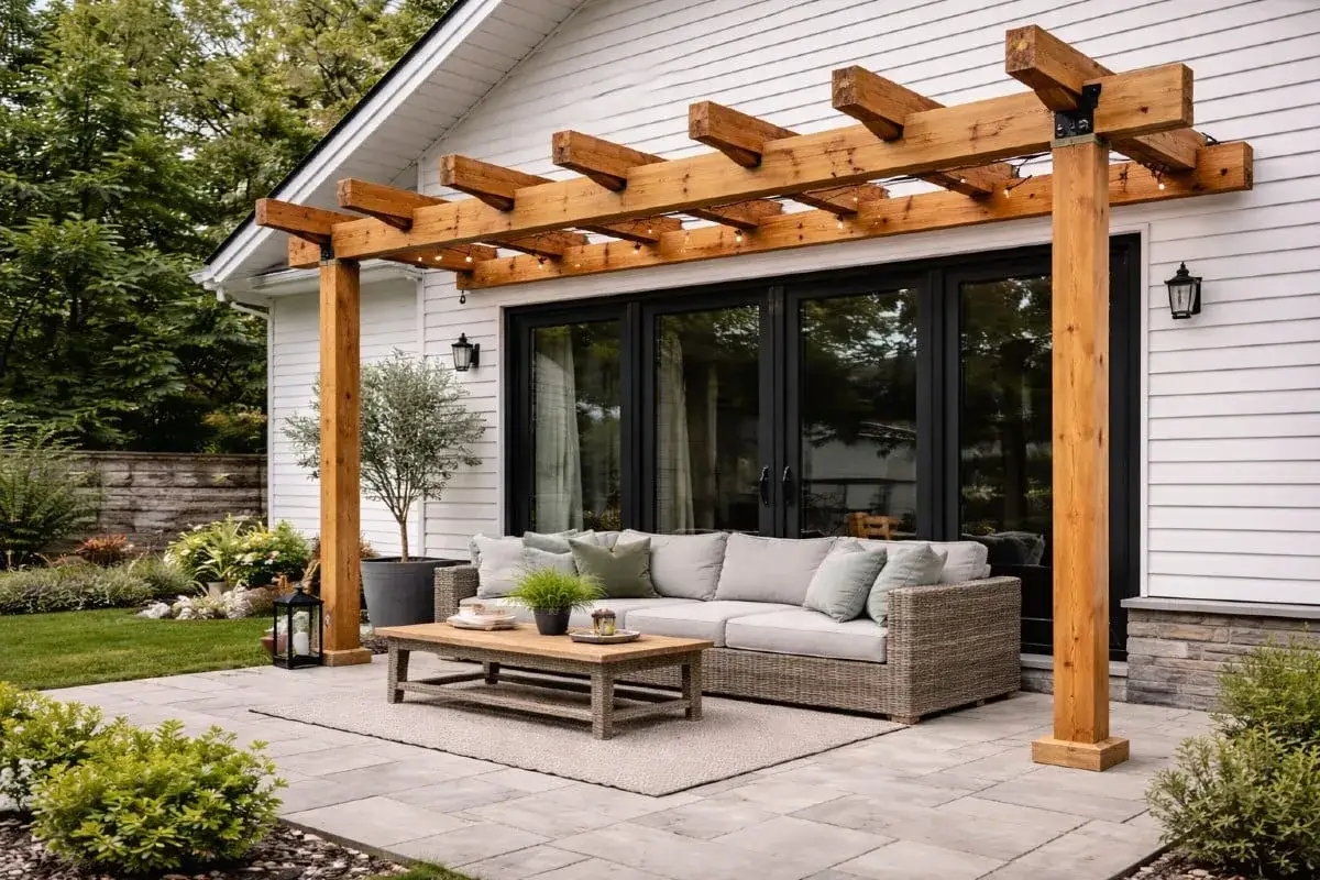 En vacker uteplats med en nybyggd pergola som ramar in soffgruppen. Perfekt f&ouml;r att bygga en mysig oas.